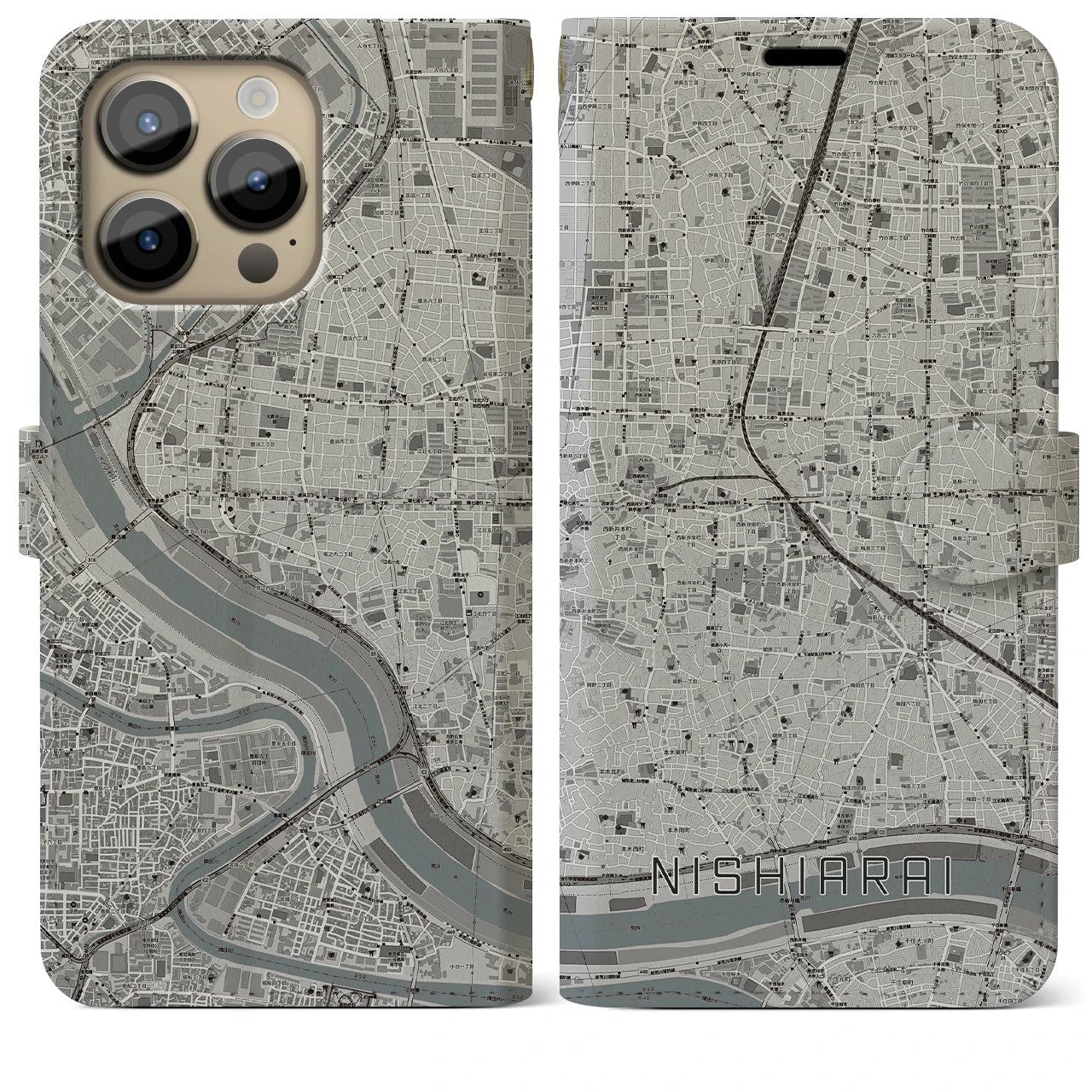 【西新井】地図柄iPhoneケース（手帳両面タイプ・モノトーン）iPhone 14 Pro Max 用