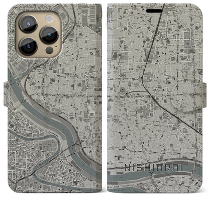 【西新井（東京都）】地図柄iPhoneケース（手帳タイプ）モノトーン・iPhone 14 Pro Max 用