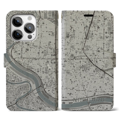 【西新井（東京都）】地図柄iPhoneケース（手帳タイプ）モノトーン・iPhone 14 Pro 用