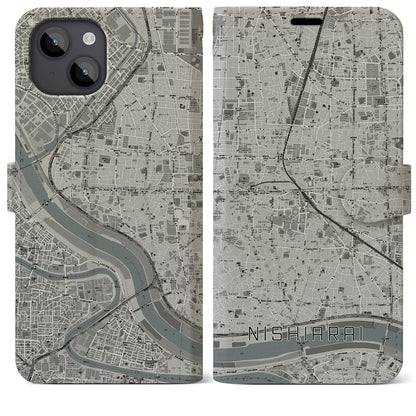 【西新井（東京都）】地図柄iPhoneケース（手帳タイプ）モノトーン・iPhone 14 Plus 用