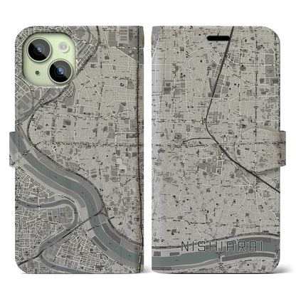 【西新井（東京都）】地図柄iPhoneケース（手帳タイプ）モノトーン・iPhone 15 用