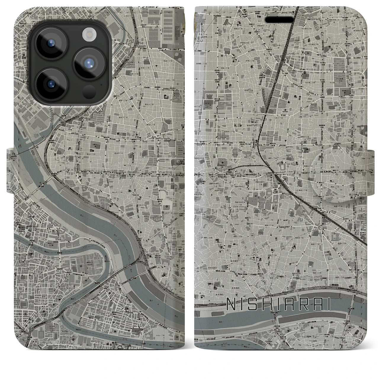 【西新井】地図柄iPhoneケース（手帳両面タイプ・モノトーン）iPhone 15 Pro Max 用