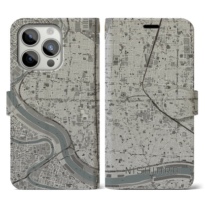 【西新井（東京都）】地図柄iPhoneケース（手帳タイプ）モノトーン・iPhone 15 Pro 用