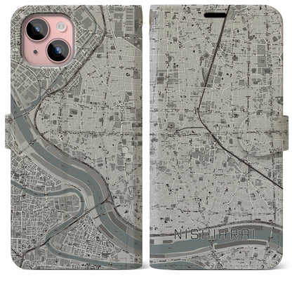 【西新井（東京都）】地図柄iPhoneケース（手帳タイプ）モノトーン・iPhone 15 Plus 用