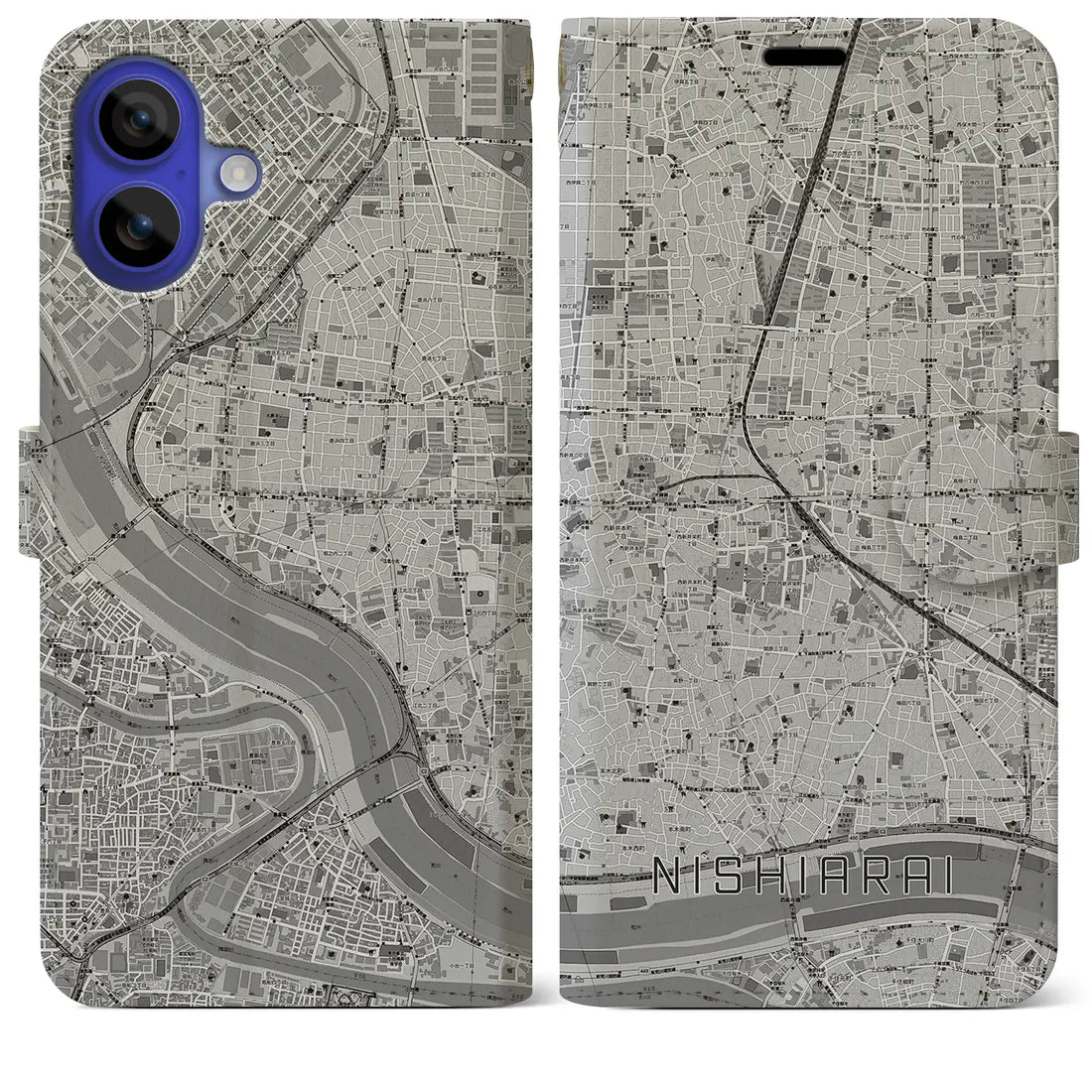 【西新井(東京都)】地図柄iPhoneケース(手帳タイプ)モノトーン・iPhone 16 Pro Max 用