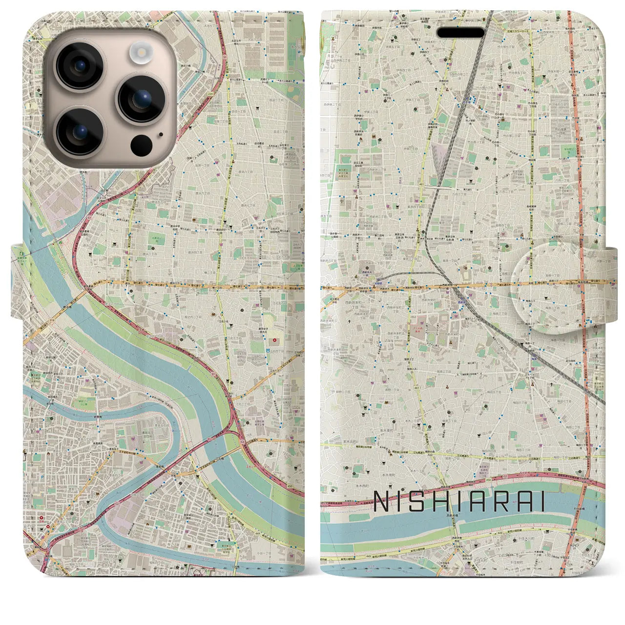 【西新井（東京都）】地図柄iPhoneケース（手帳タイプ）ナチュラル・iPhone 16 Plus 用