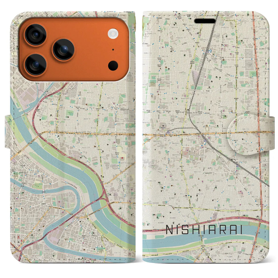 【西新井(東京都)】地図柄iPhoneケース(手帳タイプ)モノトーン・iPhone 17 Pro Max 用