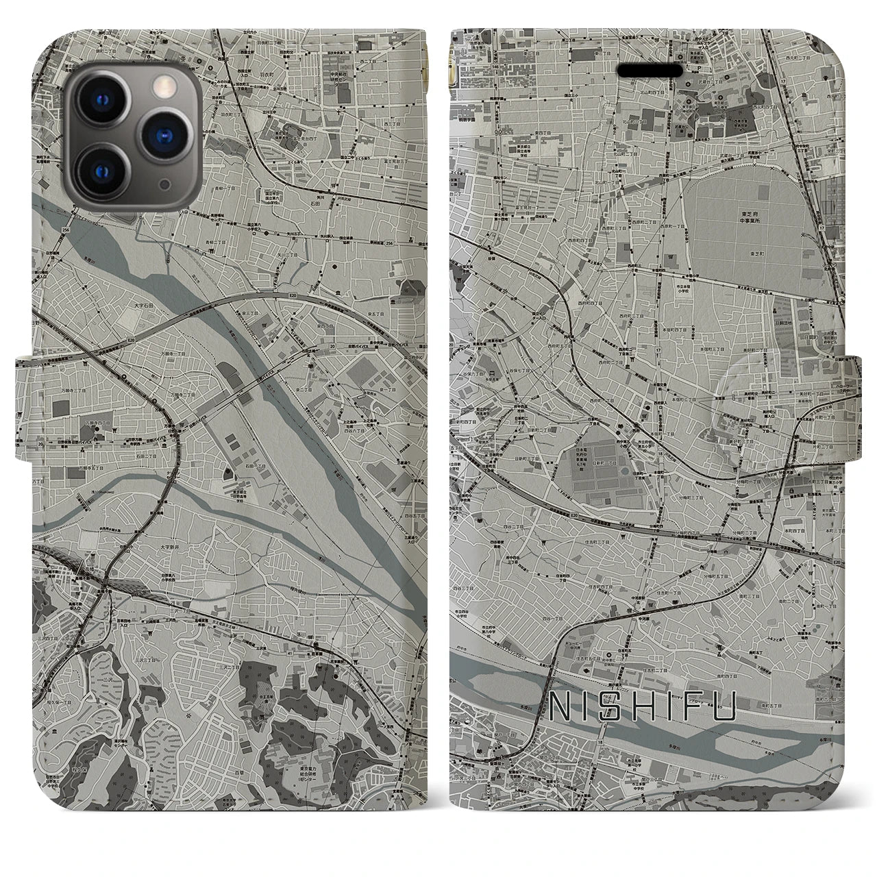 【西府】地図柄iPhoneケース（手帳両面タイプ・モノトーン）iPhone 11 Pro Max 用