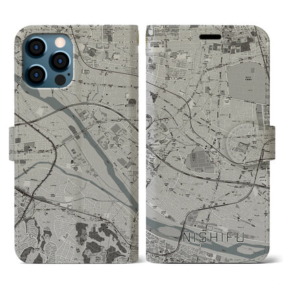 【西府（東京都）】地図柄iPhoneケース（手帳タイプ）モノトーン・iPhone 12 / 12 Pro 用