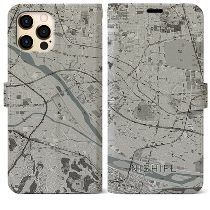 【西府（東京都）】地図柄iPhoneケース（手帳タイプ）モノトーン・iPhone 12 Pro Max 用