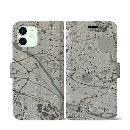 【西府（東京都）】地図柄iPhoneケース（手帳タイプ）モノトーン・iPhone 12 mini 用