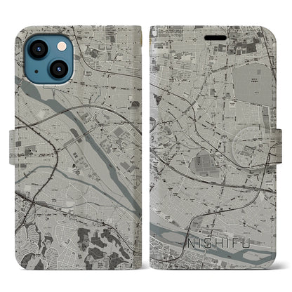 【西府（東京都）】地図柄iPhoneケース（手帳タイプ）モノトーン・iPhone 13 用