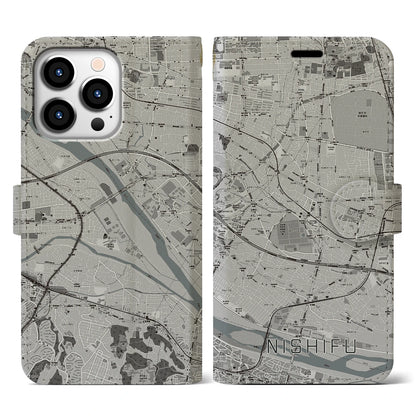 【西府（東京都）】地図柄iPhoneケース（手帳タイプ）モノトーン・iPhone 13 Pro 用