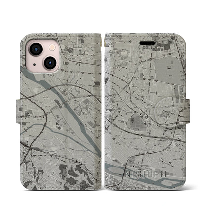 【西府（東京都）】地図柄iPhoneケース（手帳タイプ）モノトーン・iPhone 13 mini 用