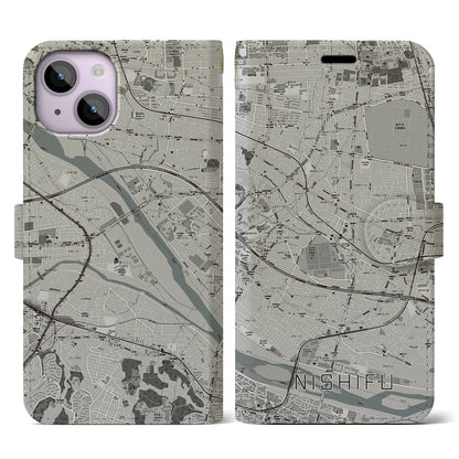 【西府（東京都）】地図柄iPhoneケース（手帳タイプ）モノトーン・iPhone 14 用