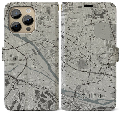 【西府（東京都）】地図柄iPhoneケース（手帳タイプ）モノトーン・iPhone 14 Pro Max 用