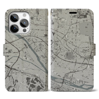 【西府（東京都）】地図柄iPhoneケース（手帳タイプ）モノトーン・iPhone 14 Pro 用