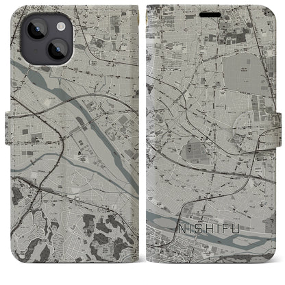 【西府（東京都）】地図柄iPhoneケース（手帳タイプ）モノトーン・iPhone 14 Plus 用