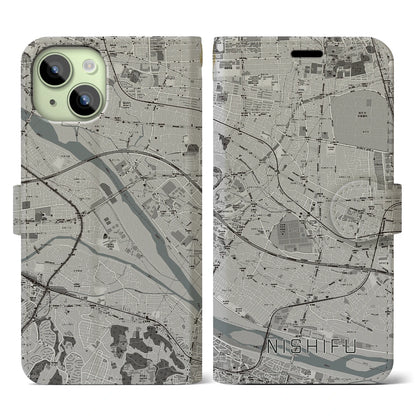 【西府（東京都）】地図柄iPhoneケース（手帳タイプ）モノトーン・iPhone 15 用