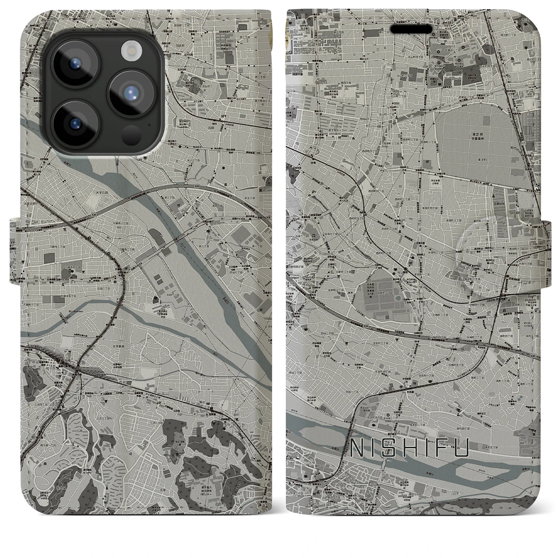 【西府】地図柄iPhoneケース（手帳両面タイプ・モノトーン）iPhone 15 Pro Max 用