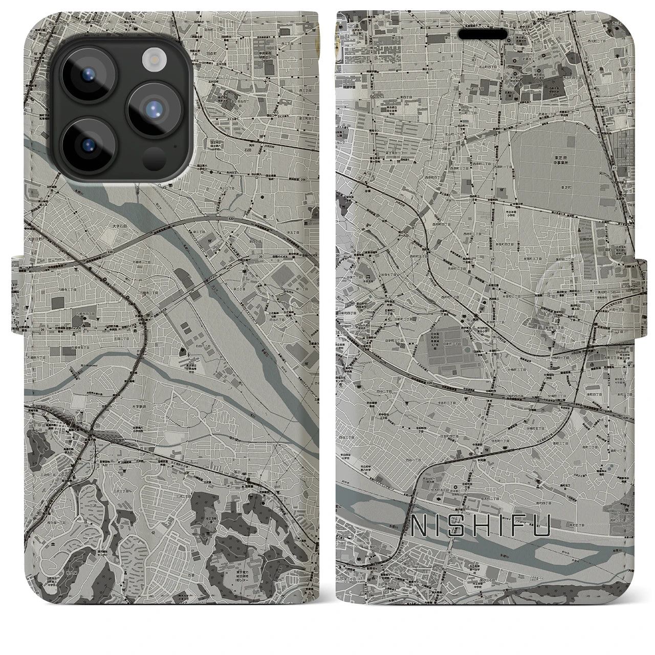 【西府】地図柄iPhoneケース（手帳両面タイプ・モノトーン）iPhone 15 Pro Max 用