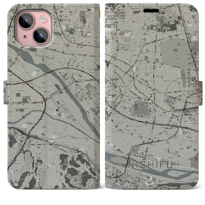 【西府（東京都）】地図柄iPhoneケース（手帳タイプ）モノトーン・iPhone 15 Plus 用