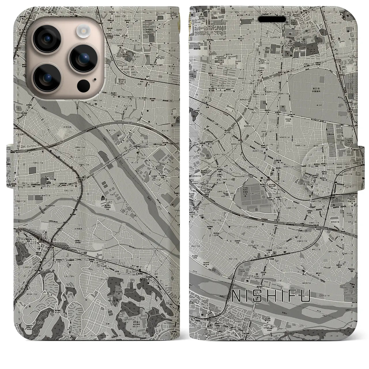 【西府（東京都）】地図柄iPhoneケース（手帳タイプ）モノトーン・iPhone 16 Plus 用