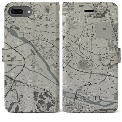【西府（東京都）】地図柄iPhoneケース（手帳タイプ）モノトーン・iPhone 8Plus /7Plus / 6sPlus / 6Plus 用