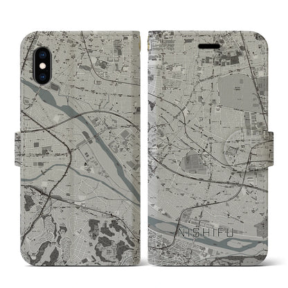 【西府（東京都）】地図柄iPhoneケース（手帳タイプ）モノトーン・iPhone XS / X 用