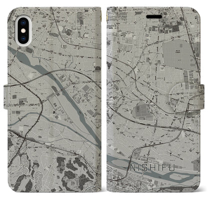 【西府（東京都）】地図柄iPhoneケース（手帳タイプ）モノトーン・iPhone XS Max 用