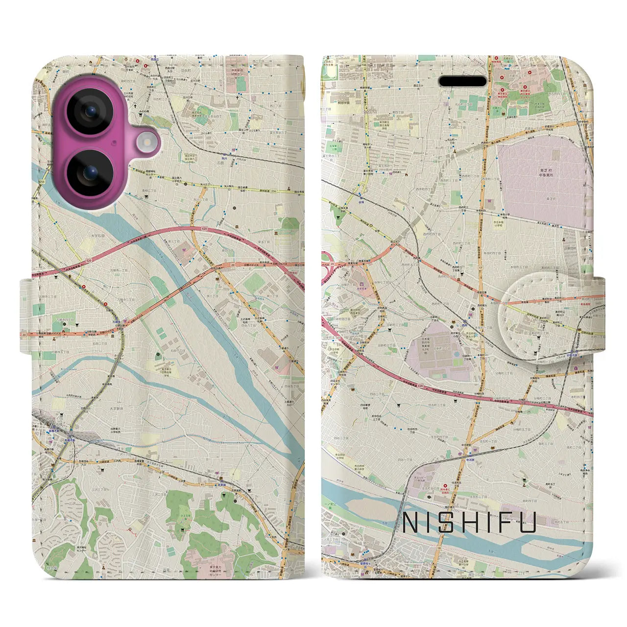 【西府（東京都）】地図柄iPhoneケース（手帳タイプ）ナチュラル・iPhone 16 Pro 用