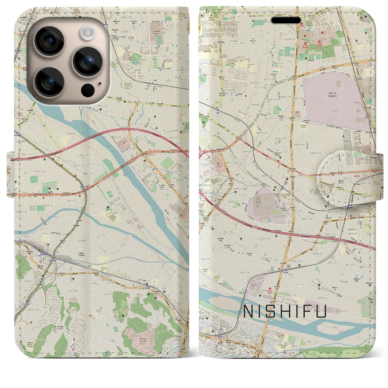 【西府（東京都）】地図柄iPhoneケース（手帳タイプ）ナチュラル・iPhone 16 Plus 用