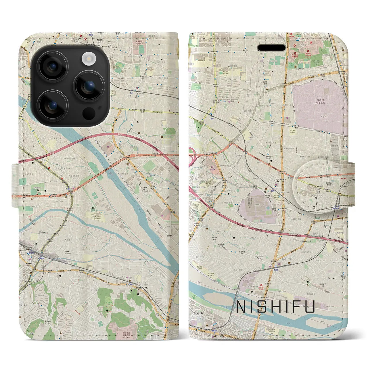 【西府（東京都）】地図柄iPhoneケース（手帳タイプ）ナチュラル・iPhone 16 用