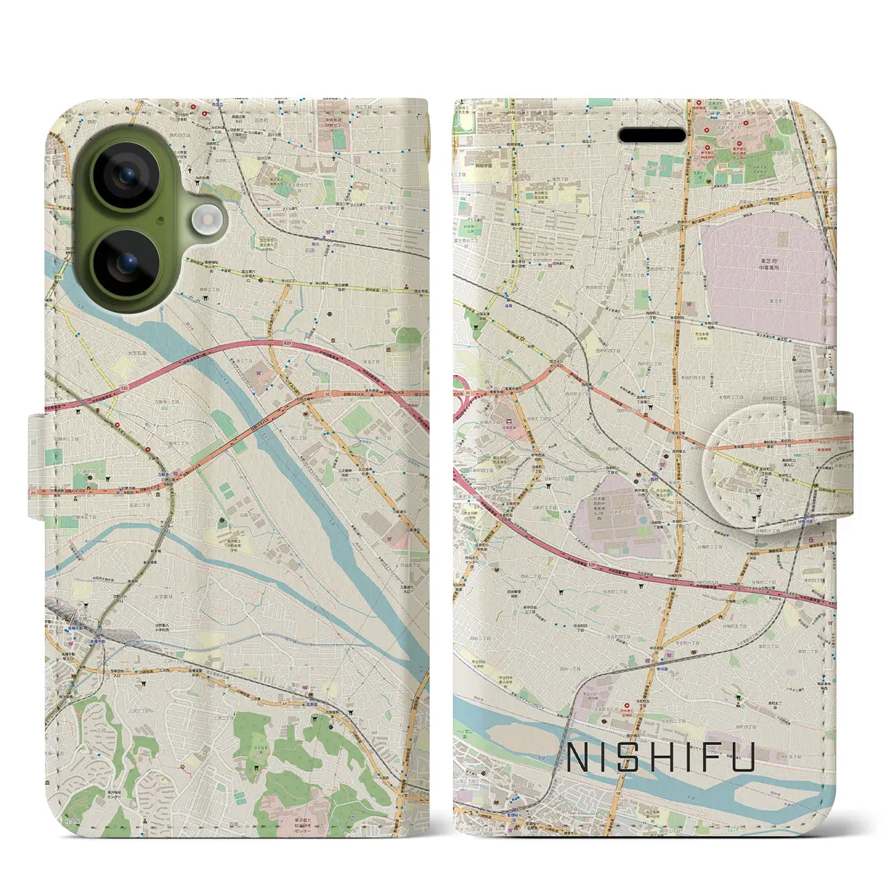 【西府（東京都）】地図柄iPhoneケース（手帳タイプ）