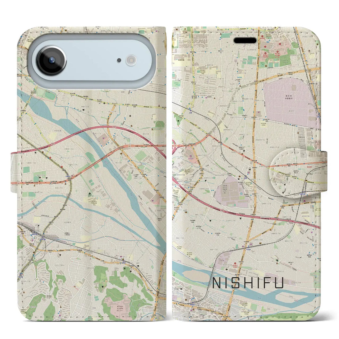 【西府（東京都）】地図柄iPhoneケース（手帳タイプ）ナチュラル・iPhone 17 Pro Max 用