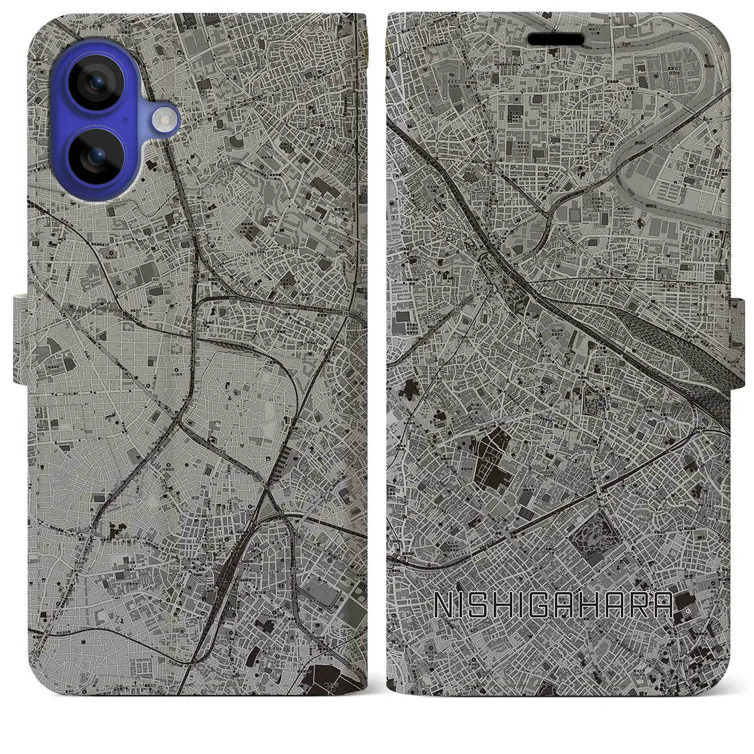 【西ケ原(東京都)】地図柄iPhoneケース(手帳タイプ)モノトーン・iPhone 16 Pro Max 用