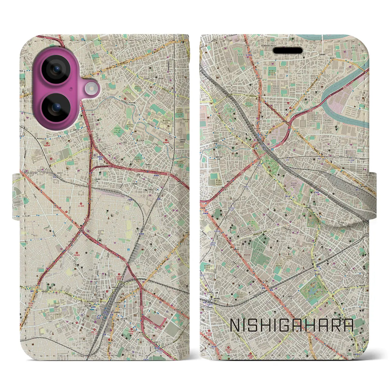 【西ケ原（東京都）】地図柄iPhoneケース（手帳タイプ）ナチュラル・iPhone 16 Pro 用