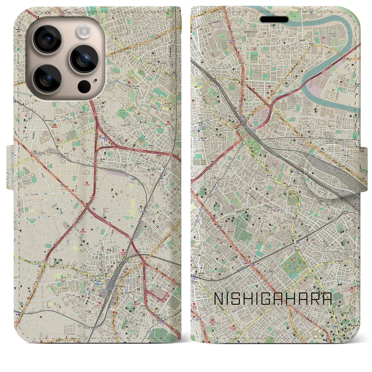 【西ケ原（東京都）】地図柄iPhoneケース（手帳タイプ）ナチュラル・iPhone 16 Plus 用