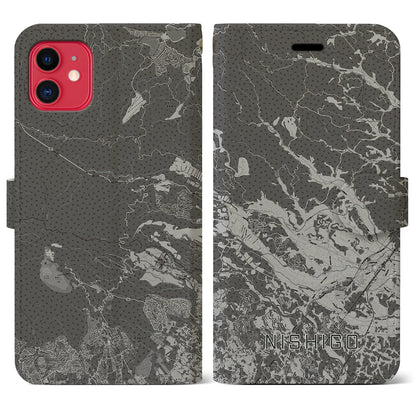 【西郷（福島県）】地図柄iPhoneケース（手帳タイプ）モノトーン・iPhone 11 用