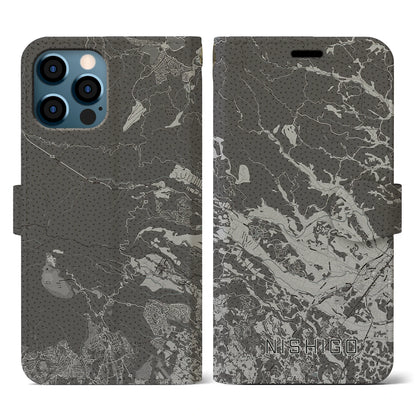 【西郷（福島県）】地図柄iPhoneケース（手帳タイプ）モノトーン・iPhone 12 / 12 Pro 用