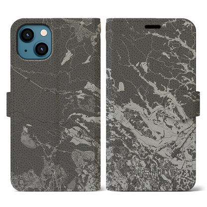 【西郷（福島県）】地図柄iPhoneケース（手帳タイプ）モノトーン・iPhone 13 用