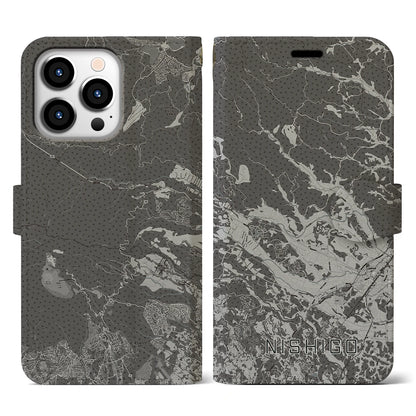 【西郷（福島県）】地図柄iPhoneケース（手帳タイプ）モノトーン・iPhone 13 Pro 用