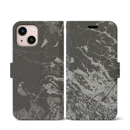 【西郷（福島県）】地図柄iPhoneケース（手帳タイプ）モノトーン・iPhone 13 mini 用