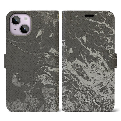 【西郷（福島県）】地図柄iPhoneケース（手帳タイプ）モノトーン・iPhone 14 用