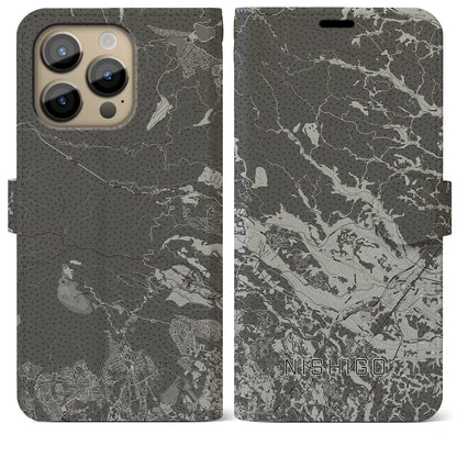 【西郷（福島県）】地図柄iPhoneケース（手帳タイプ）モノトーン・iPhone 14 Pro Max 用