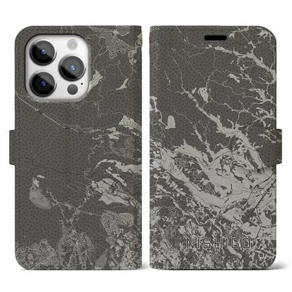 【西郷（福島県）】地図柄iPhoneケース（手帳タイプ）モノトーン・iPhone 14 Pro 用