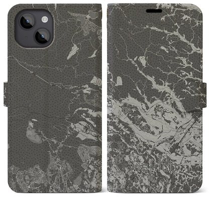 【西郷（福島県）】地図柄iPhoneケース（手帳タイプ）モノトーン・iPhone 14 Plus 用