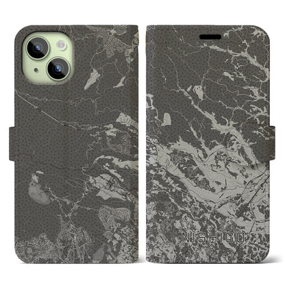 【西郷（福島県）】地図柄iPhoneケース（手帳タイプ）モノトーン・iPhone 15 用