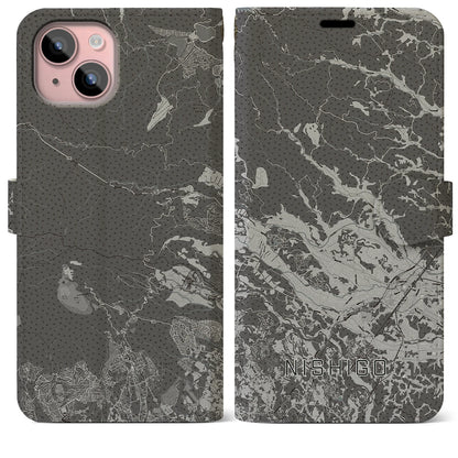 【西郷（福島県）】地図柄iPhoneケース（手帳タイプ）モノトーン・iPhone 15 Plus 用