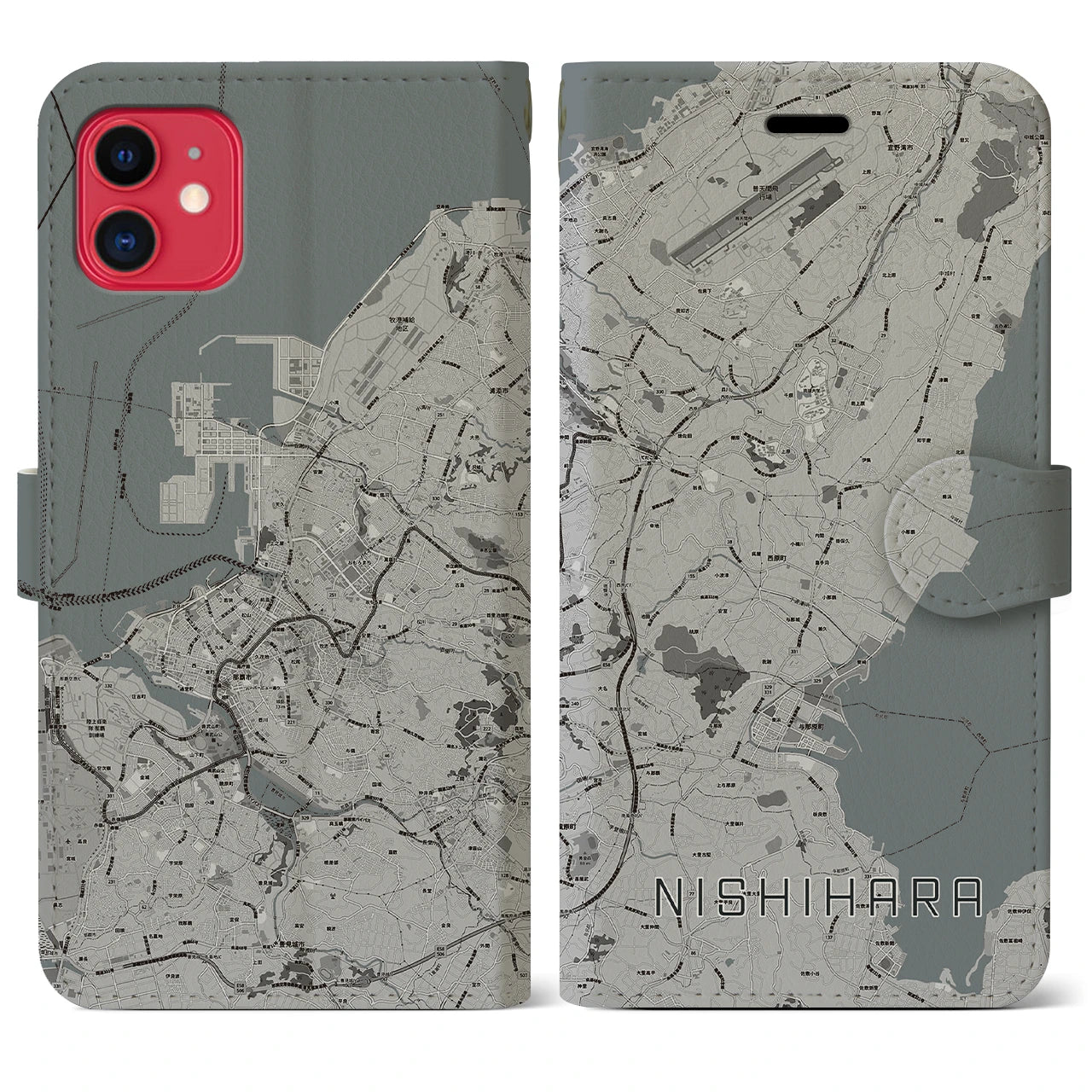 【西原】地図柄iPhoneケース（手帳両面タイプ・モノトーン）iPhone 11 用